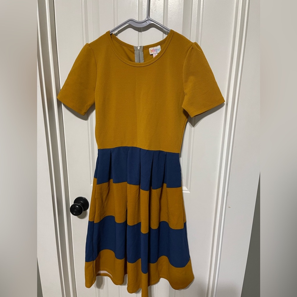 Lularoe Striped Fall Dress Amelia S Navy Burnt Orange W/ Pockets Short Sleeve